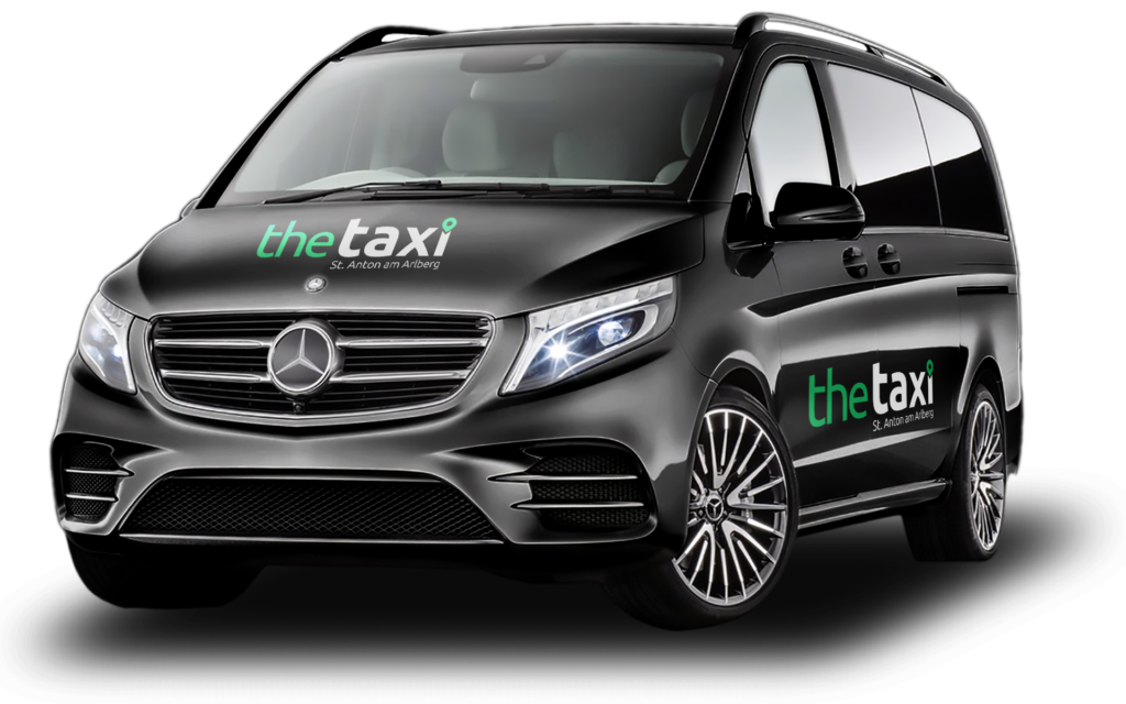 Black Mercedes taxi van with "The Taxi" branding on a transparent background, front view.