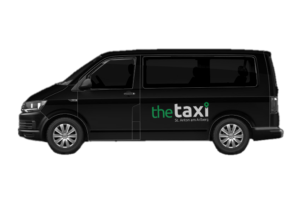 Black Volkswagen taxi van with "The Taxi" branding on a transparent background.