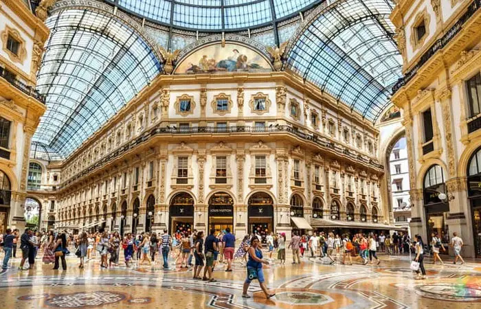 Interior view of Galleria Vittorio Emanuele II in Milan, Italy.